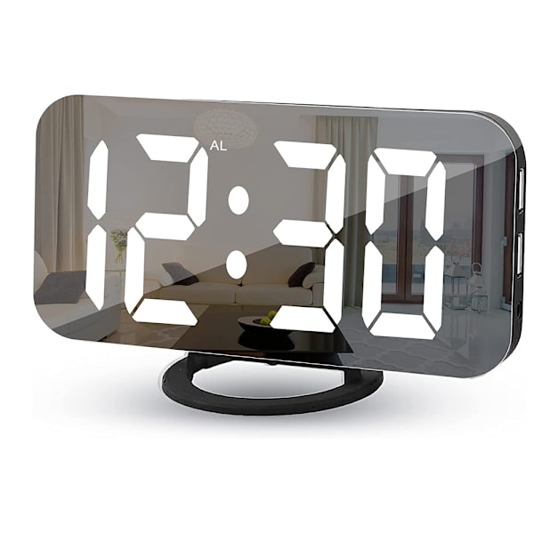 Digital Väckarklocka, Väckarklockor för Sovrum, Stor Display Spegelyta Väckarklocka med USB-Laddare 12/24H, Auto Dimmer Läge, för Kontor Sovrum