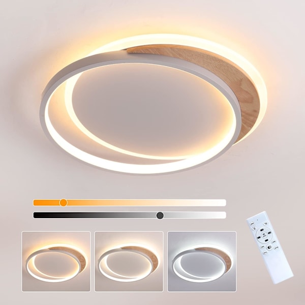 LED loftlampe i træ, 40 CM børneværelse loftlampe Dæmpbar LED loftlampe med fjernbetjening 3000K-6000K, Rund soveværelseslampe