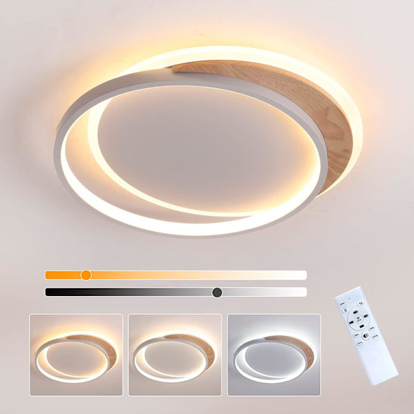 LED-taklampe i tre, 40 CM Taklampe for barnerom Dimbar LED-taklampe med fjernkontroll 3000K-6000K, Rund soveromslampe