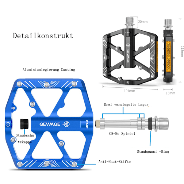 Cykelpedaler med reflexremsor, 3 förseglade lager, halkfri CNC-aluminiumcykelplattform, 9/16 tum pedaler för racercykel, MTB, elcykel.