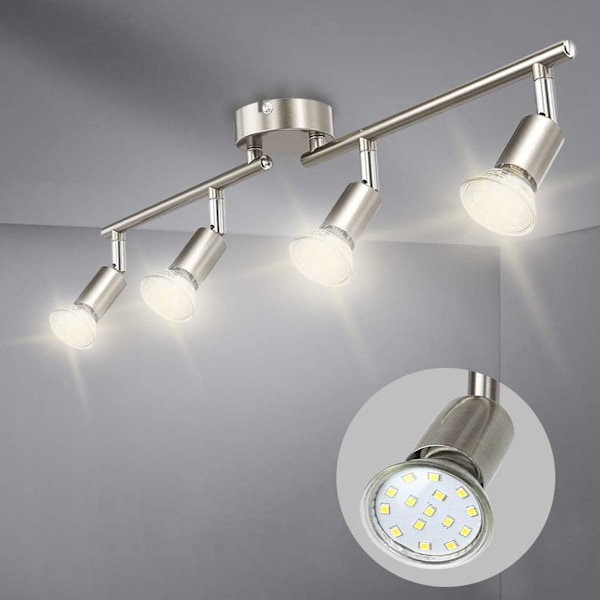 4 Vridbara och justerbara takspotlights, 4 3W GU10 LED-lampor, LED-takljusstång Vardagsrum Matrum Kök Korridor, 2 roterande armar, Varmvitt