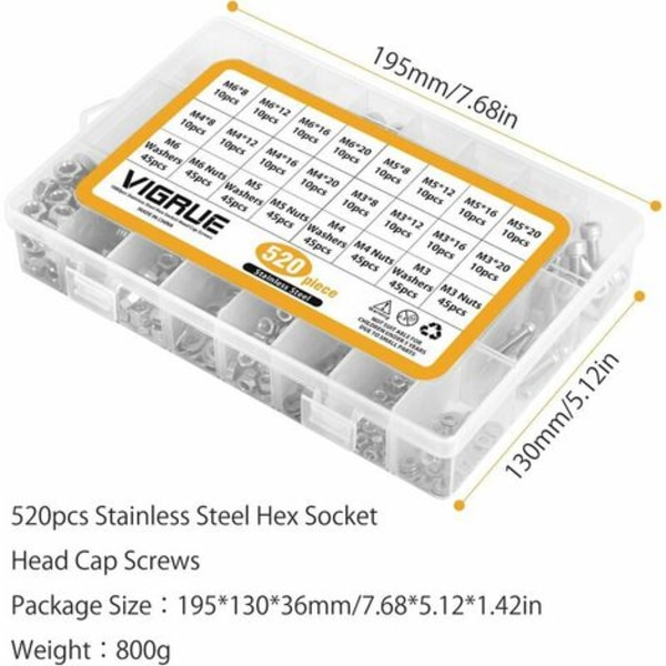 Kit 520 stk. M3 M4 M5 M6 Rustfrit Stål Hex Socket Knap Hoved Gevind Bolt Skruer med Møtrikker Sortiment