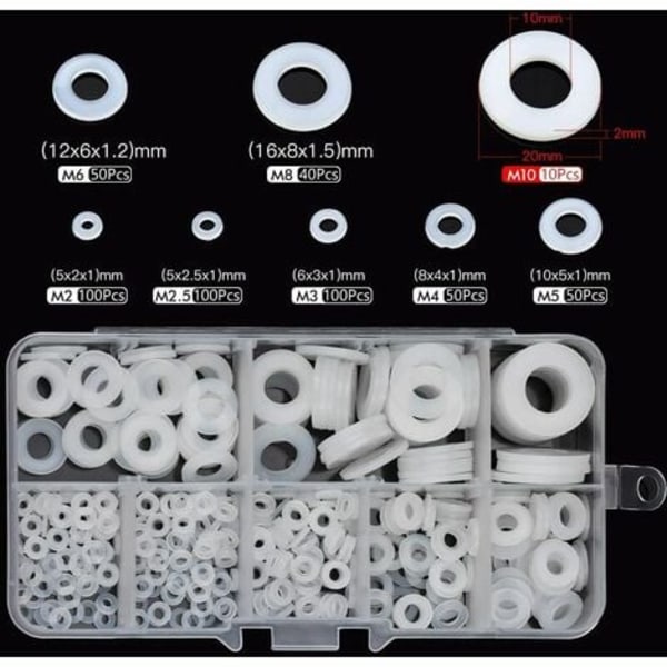 Vit nylonplattbricka 500-delad uppsättning 2M2.5M3M4M5M6M8M10