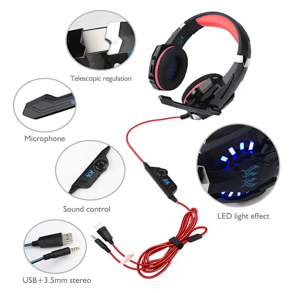Stereo Gaming Headset, Brusreducerande Over Ear-hörlurar med mikrofon, LED-ljus, Bas Surround, Mjuka minnesskum-öronmuffar för bärbara spel