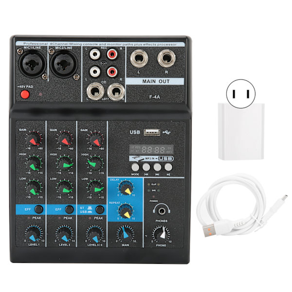 4-kanals Audio Mixer USB Stereo Mixing Console med Lydkort til Hjemmecomputer Scene 110V-240V US Stik