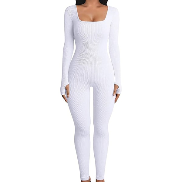 Damsportig jumpsuit lång tight lättviktig yoga body y bodycon vit M