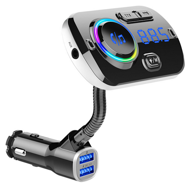 Bluetooth FM-sender til bil, trådløs Bluetooth 5.0 bilradioadapter-sender QC 3.0 dobbelt USB-billader-sæt med håndfri opkald og musik