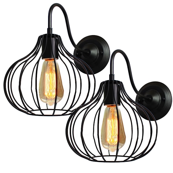 Cham Set med 2 Vintage Industriella Inomhus Vägglampor Bur Ø23cm Svart Järnmetall för Vardagsrum Sovrum Café Bar Restaurang