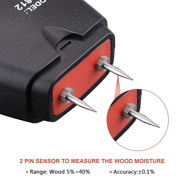 Digital træfugtmåler, håndholdt LCD fugttester, fugtdetektor med 2 ekstra sensorstifter og et 9V batteri (begge inkluderet)