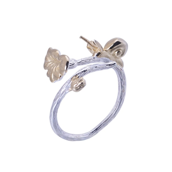 925 Sterling Silver Ring - Justerbar med Guldpläterad Snigel och Ginkgoblad - Elegant Damring