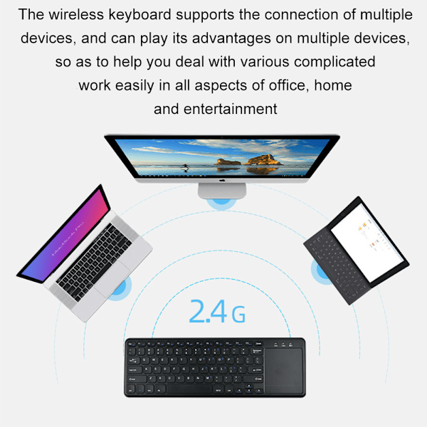 Tastatur med touchpad, 2,4 GHz tilkobling via USB-mottaker, programmerbare multimedietaster, Windows / Android / ChromeOS