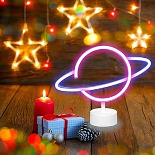 Planet Light Neon Skilte Led Bordindretning Led Neon Skilt Natlampe med Base Batteridrevet Neon Lys til Soveværelse Børneværelse Bord Fødselsdagsfest
