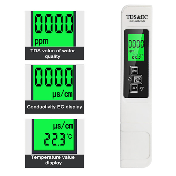3-i-1 vandkvalitetstester, vandtemperatur- og renhedstester med digitalt LCD-display, PPM