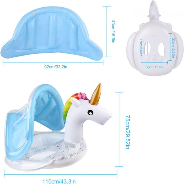 Svømmering Baby Enhjørning Baby Svømmering med Solbeskyttelse Svømmebøjle Oppustelig Baby Svømmetræner Svømmesæde til Børn Småbørn