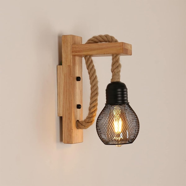 Vintage industriell vägglampa, retro rustik vägglampa i trä, svart metallburlampskärm, hängande väggbelysning i hamparep för sovrum, vardagsrum