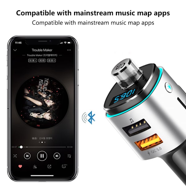 Bluetooth FM-sender til bil, 7 farver LED-baggrundsbelyst Bluetooth-biladapter med QC3.0-opladning, håndfrit bilsæt