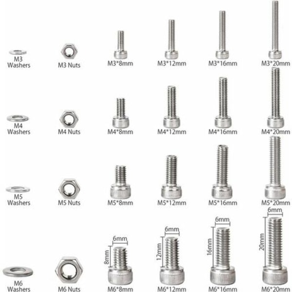 Kit 520 stk. M3 M4 M5 M6 Rustfrit Stål Hex Socket Knap Hoved Gevind Bolt Skruer med Møtrikker Sortiment
