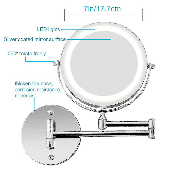 Veggmontert Sminkespeil, 10x Forstørrende Tosidig LED-belyst Sminkespeil for Bad, 360 Roterbar, USB Oppladbar og 7 Tommers Uttrekkbar Arm, ch