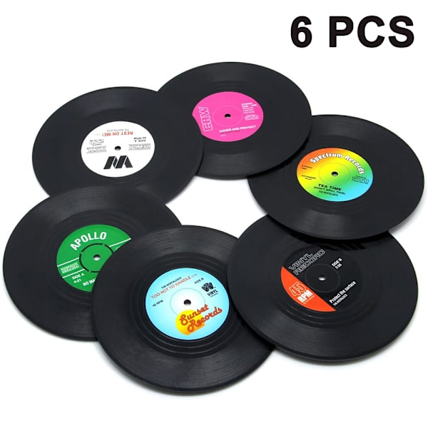 Drikkeunderlag Sæt med 6, Vinylplade Retro Underlag til Drikkevarer - Skrivebordsbeskyttelse Forebygger Møbelskader