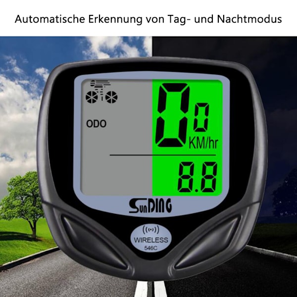 Digital trådløs cykel speedometer, vandtæt, trådløs kilometertæller med automatisk opvågning og LCD baggrundsbelysning.
