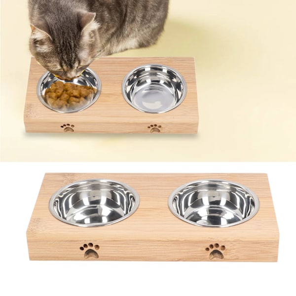 Rostfritt stål katt dubbelskål bekväm rostfri elegant lätt att rengöra upphöjd hund katt matare med bambu stativ bambu stativ och rostfritt stål
