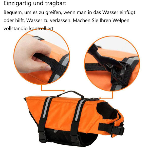 Koirien pelastusliivi, oranssi pelastusliivi pienille ja suurille koirille, repeytymätön ja heijastava, säädettävä koko vahvalla kelluvuudella ja uintipelastuskahvalla