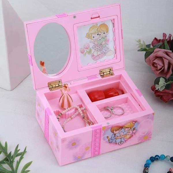 Rosa musikalisk smyckeskrin i plast, fyrkantig tecknad musikbox, smyckesförvaringslåda, dansande prinsessmusikbox, bästa present till flickor