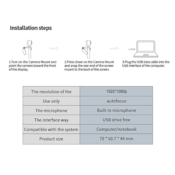 1080P Computerkamera med Mikrofon Desktop USB Webcam Gratis Driver til Videoopkald (Sort)