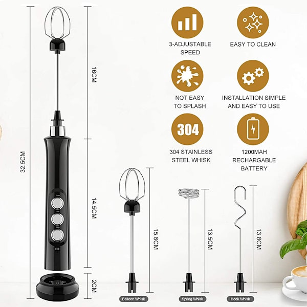 Melkeskummer Håndholdt Elektrisk Skummaskin USB Oppladbar Kaffeskummer for Kaffe, Latte, Cappuccino, Eggevisper, Varm Sjokolade