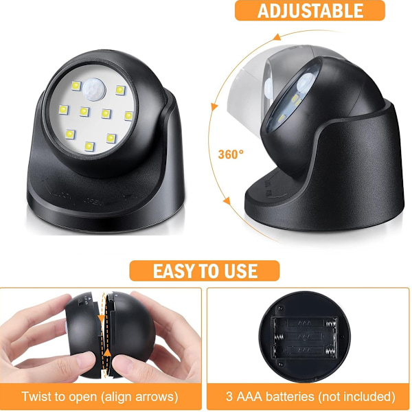 Utomhusvägglampa med rörelsesensor | Utomhus LED-belysning | Sladdlös batteridriven belysning | 360 graders rotation och lutning