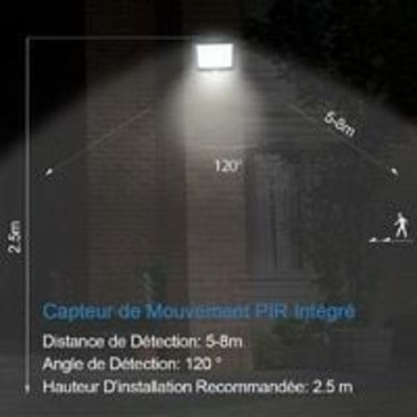 Udendørs solcellelampe med infrarød bevægelsessensor, udendørs LED-projektør med sensor, sikkerhedsbelysning, vandtæt, til have, lager, indgang