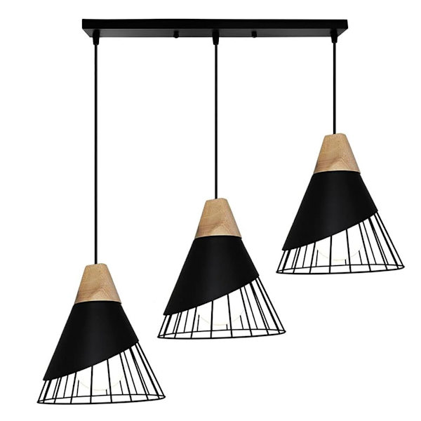 Pendel Lampe 3 Lys i Sort Bar Loftslampe Træ Lysekrone Jern Belysning Dekoration til Korridor Restaurant Ba
