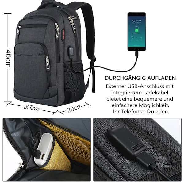 Ryggsäck för män för 15,6 tums bärbar dator Ryggsäck Vattentät affärsdagryggsäck Pojkar Tonåringar med USB-laddningsport