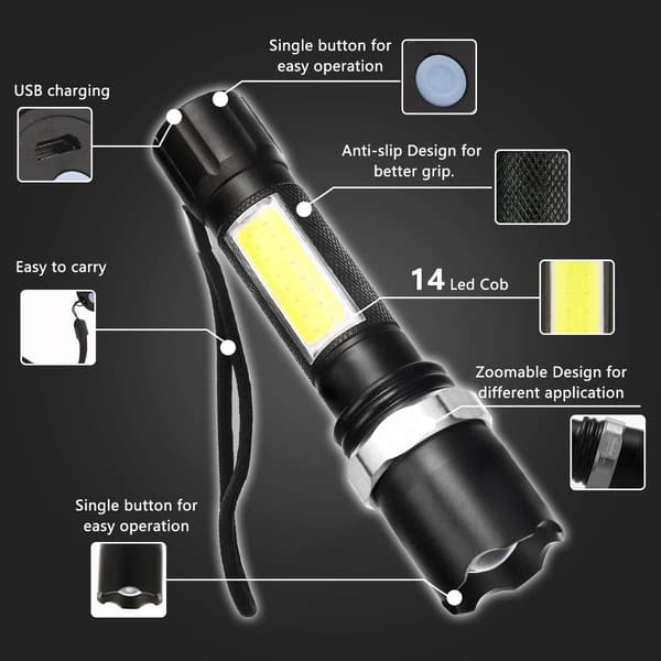 Ladattava LED-taskulamppu 600 lm, 3 tilaa, IPX5-vesitiivis