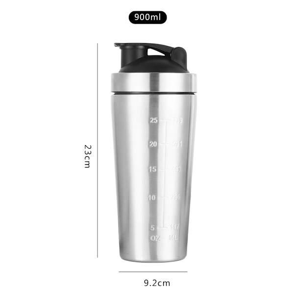 Ruostumattomasta teräksestä valmistettu proteiinishaker 900ml - proteiinishaker - pallolla, käytetään urheiluun, kuntoiluun, proteiiniin ja proteiiniin (ruostumaton teräs)