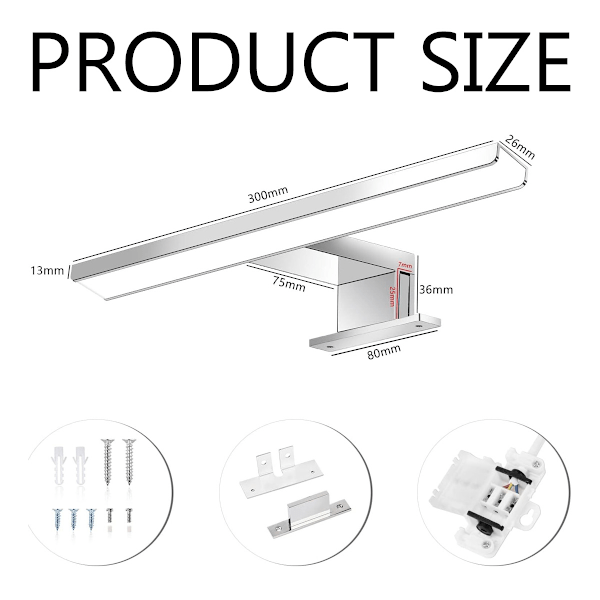 5W LED Badeværelsesspejl Lys 230V 500Lm, IP44 Vandtæt 30Cm Badeværelseslampe Klemme, Neutral Hvid 4000K, Ingen Stroboskoplys, Rustfrit Stål Anti-Dug