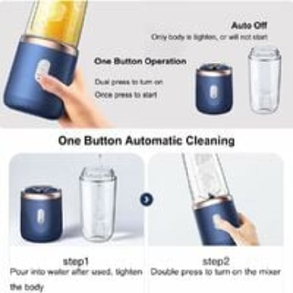400ml Mini Bærbar Fruktblender med 6 Blader i Rustfritt Stål Personlig Blender for Grønnsaker Smoothie Shakes USB Oppladbar Elektrisk Blender +