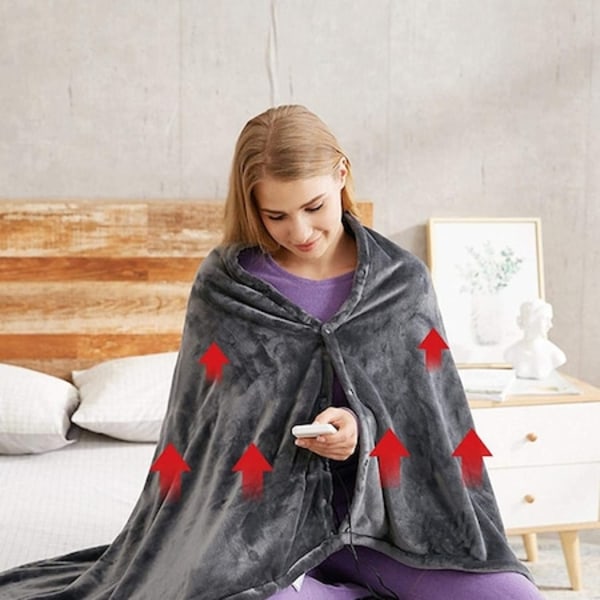 Elektrisk filt av typen hoodie, 150x85, 3 temperaturnivåer upp till 60 grader, USB-uppvärmning, bärbar, grå