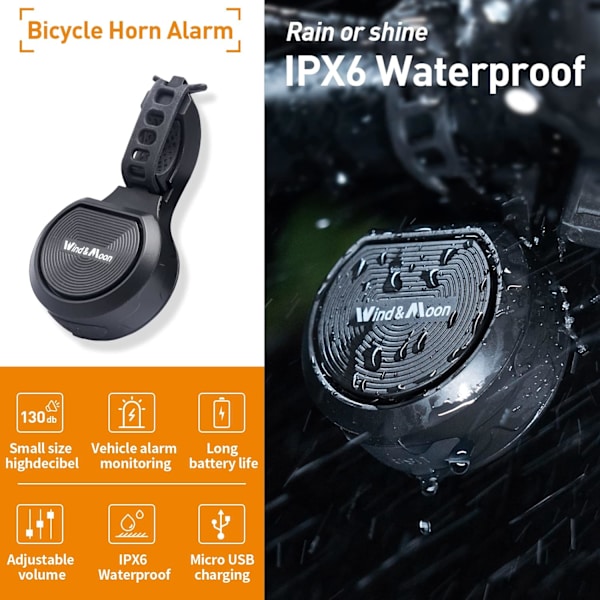 Cykelklokke med tyverialarm, Jormftte, USB, Sort