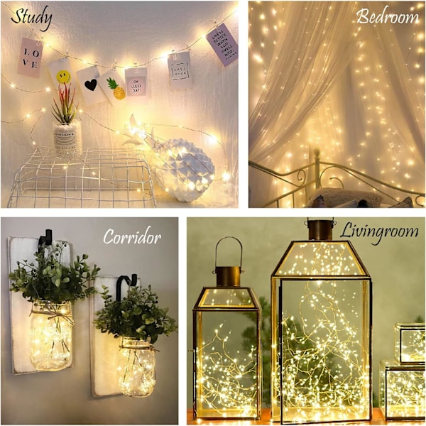 (Lämmin valkoinen) Valosarja, paristokäyttöinen, 4 kpl, mini-LED, jouluinen kuparilanka, Halloween, 5m, 50 LED, sisä- ja ulkokäyttöön, koristevalo, makuuhuone, häät, koti