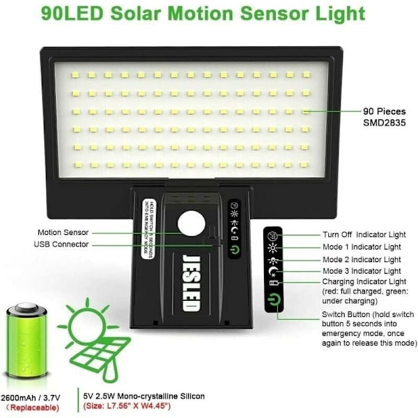 Udendørs solcellelampe, 90 LED solcelle bevægelsessensor sikkerhedslys vandtæt solcellelampe 2600mAh, USB-opladning, udendørs solcelle væglampe til havehegn