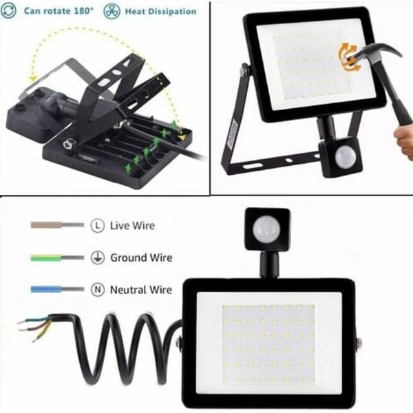 LED-utomhusstrålkastare, 50W utomhuslampa med rörelsesensor 6500K utomhus LED-strålkastare, IP66 säkerhetslampa, för trädgårdsplats terrass garage gräsmatta