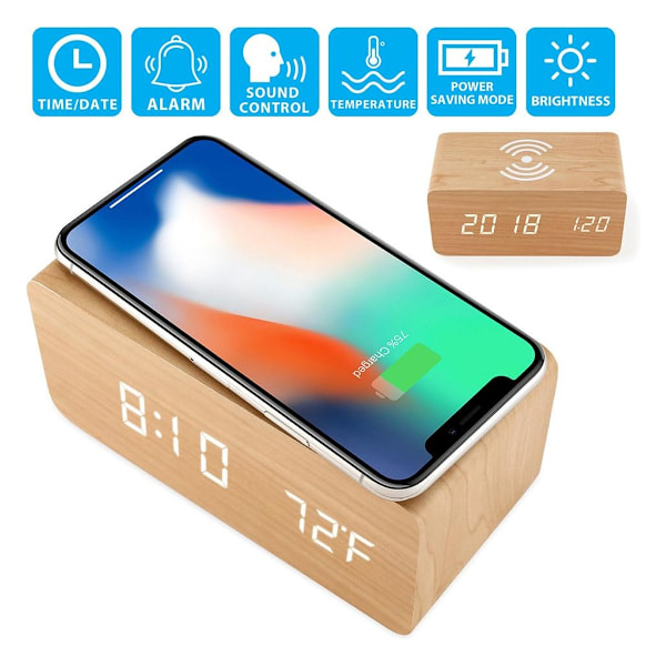 Træ Vækkeur med Trådløs Oplader Kompatibel med iPhone Samsung Træ LED Digitalt Ur Lydkontrol Funktion, Tid, Dato, Temperatur
