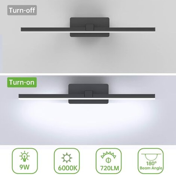 9W LED-peilivalo, 6000K viileä valkoinen kylpyhuoneen peilivalo 40cm peilin etuvalaistus kylpyhuoneen kaapin valaistus 720LM musta LED-peiliseinävalaisin