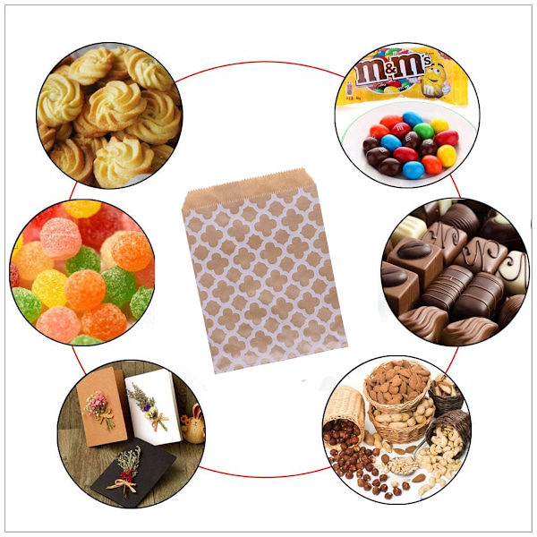 100 Kraft Papirposer med Brun Bund, Kraft Papirposer, Brune Papirposer, Mini Gaveposer, til Jul Fødselsdag Bryllupsfest, 13*18cm, Prikker