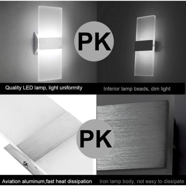 Akryl LED-vägglampa 12w Kallt vitt 6000k Upp- och nedlampa för sovrum Hallway Trappa Badrum Inomhusbelysning Lampor Heminredning Ej dimbar Nej