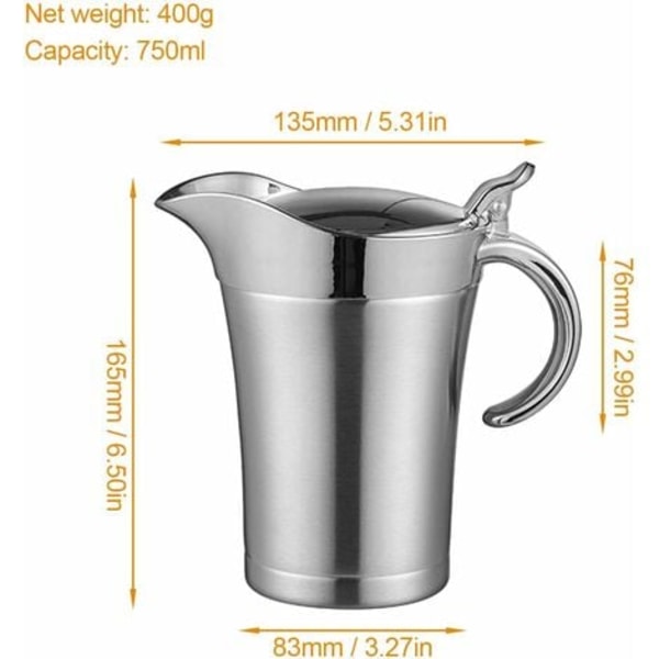 Såsbåt i rostfritt stål, dubbelisolerad termosås, såsbåt, såsservis med lock för servering av sås, vaniljsås, vaniljsås, dipp (750 ml)