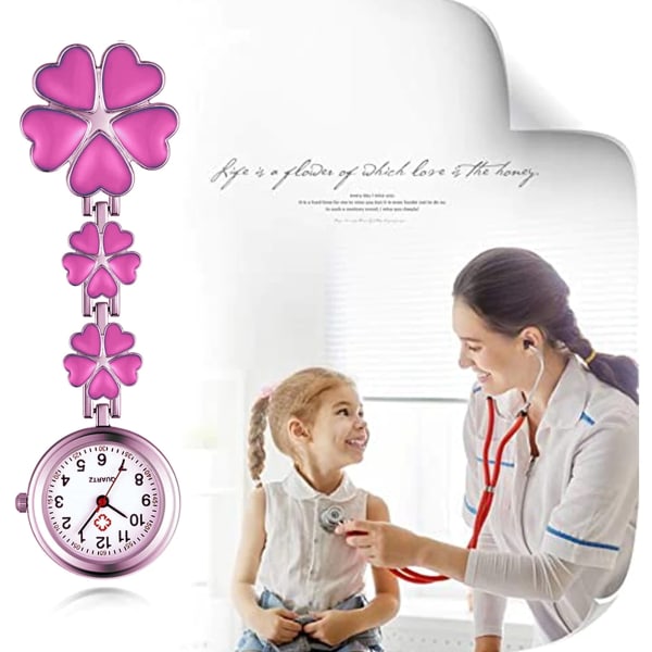 Kvinnors Clip on Fob Watch, Zinklegering Quartz Sjuksköterska Klocka, Blomformig Slagklocka, Hängande Fickur, med fem hjärtformade -Rosa