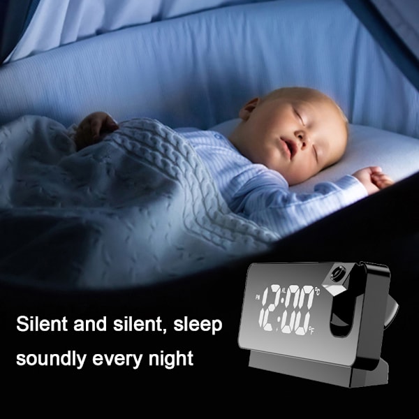 Projektionsväckarklocka för sovrum, digital väckarklockradio med dimmer och USB-laddningsportar, 180° roterbar projektor, dubbel alarm, snooze, tydlig LED