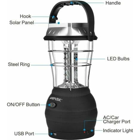 Solcellelykt, Ultrasterk LED-campinglykt, 2 justerbare lysmoduser, 5 lademetoder, med håndsveivdynamo, lang brenntid for camping